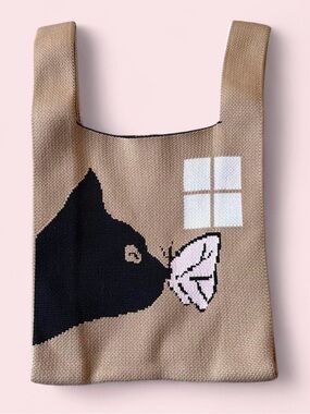 NWOT Japanese Style Knit Tote Bag with Black Cat & Pink Butterfly
